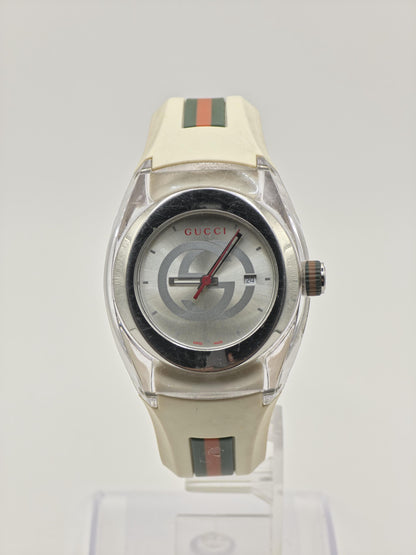 Gucci 137.3 Watch Women Silver GG Dial Date Web Stripe Rubber Sport Style - 231