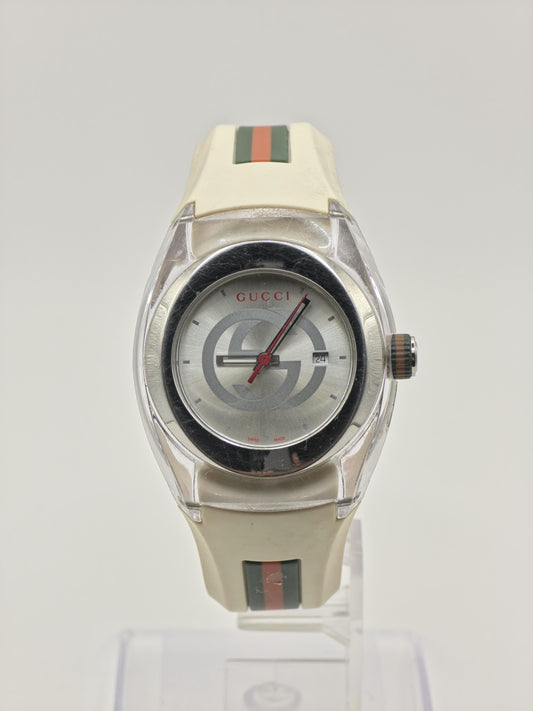 Gucci 137.3 Watch Women Silver GG Dial Date Web Stripe Rubber Sport Style - 231