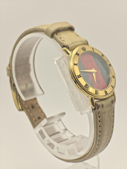 Gucci 3000L Quartz Watch Green Red Dial Gold Tone Leather Women - 246