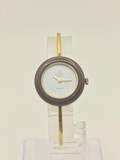 Gucci Vintage Bangle Watch White Dial Gold Tone Bracelet Women Quartz - 256