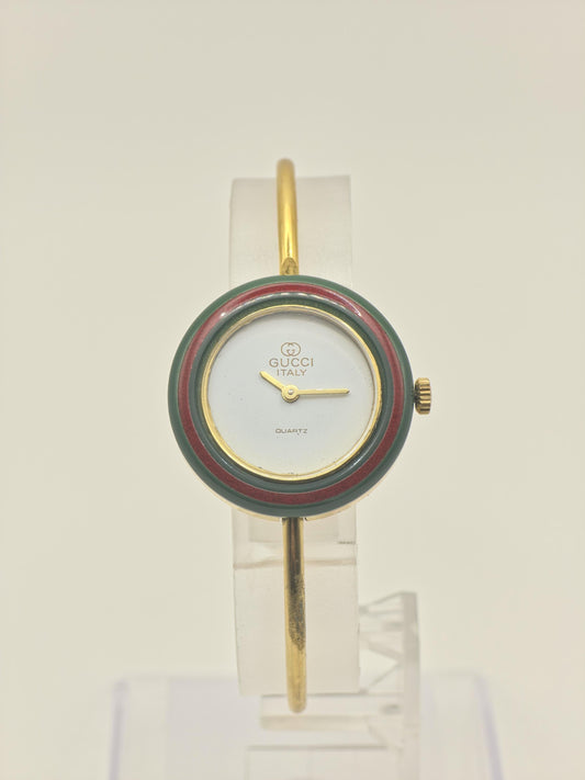 Gucci Vintage Bangle Watch White Dial Gold Tone Bracelet Women Quartz - 256