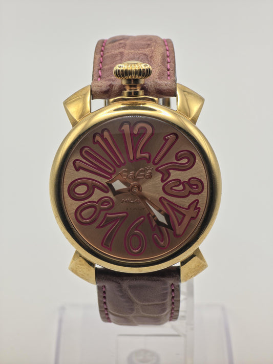 GaGa Milano 5021 Quartz Watch Gold Tone Pink Leather Strap Unisex - 259