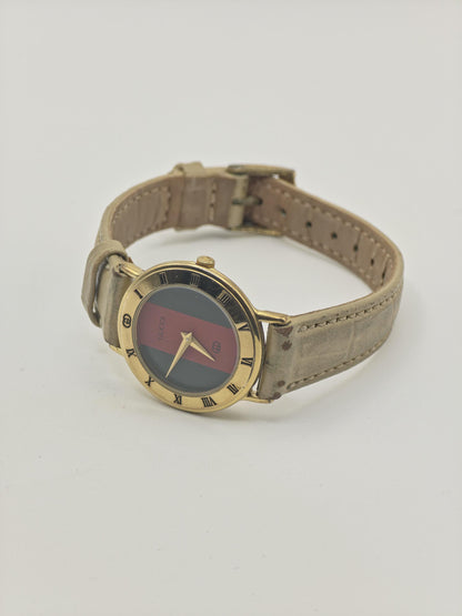 Gucci 3000L Quartz Watch Green Red Dial Gold Tone Leather Women - 246