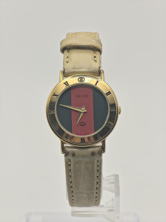 Gucci 3000L Quartz Watch Green Red Dial Gold Tone Leather Women - 246