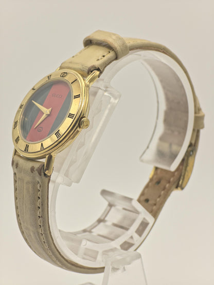 Gucci 3000L Quartz Watch Green Red Dial Gold Tone Leather Women - 246