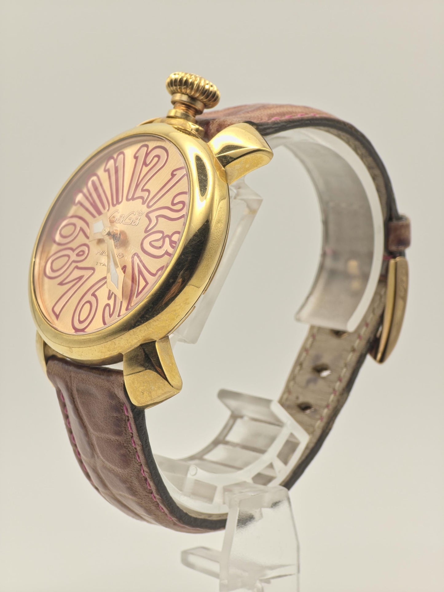 GaGa Milano 5021 Quartz Watch Gold Tone Pink Leather Strap Unisex - 259