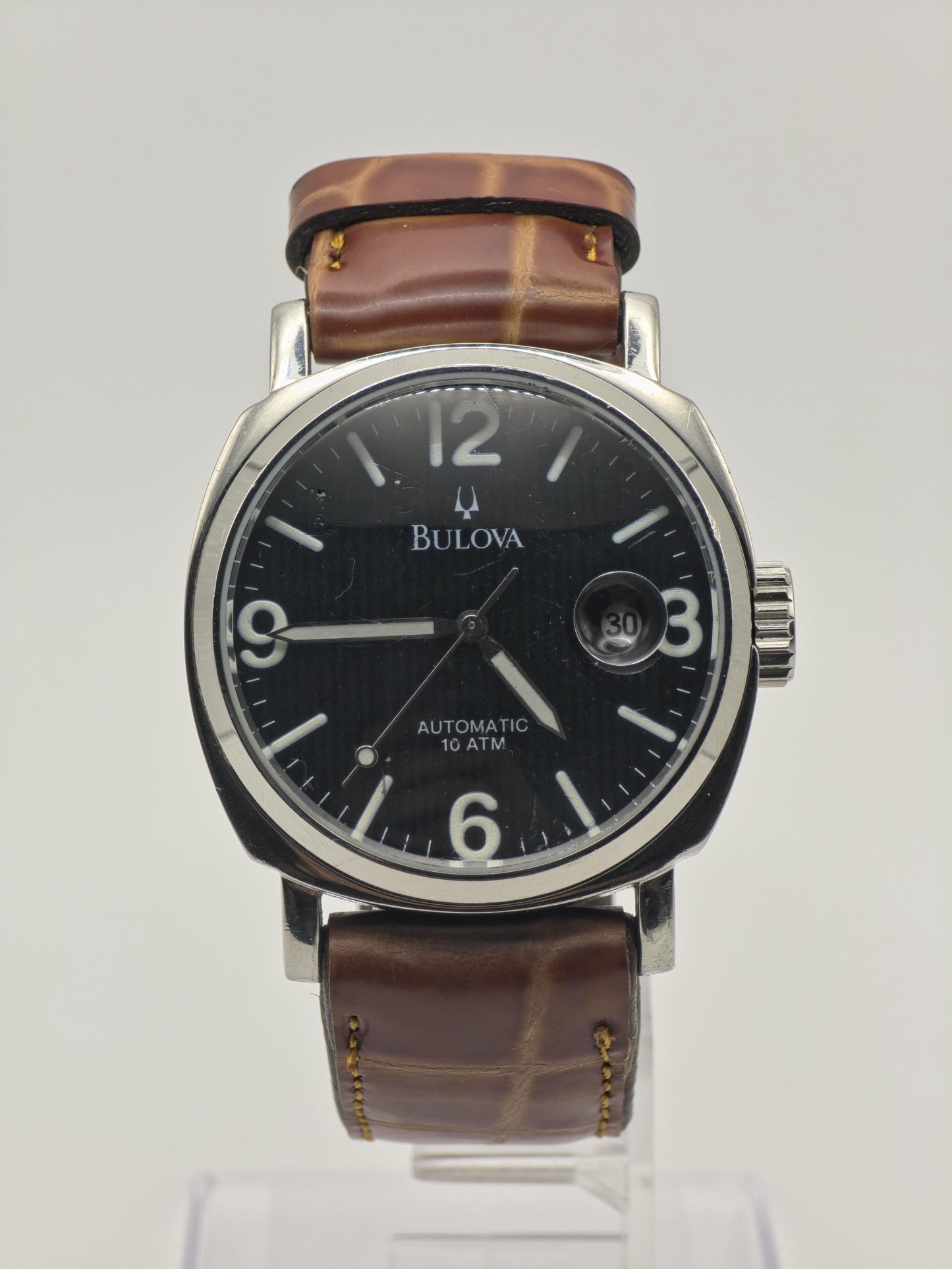 Bulova BVV401 Automatic Watch Black Dial Date 10ATM Leather Strap Men - 260