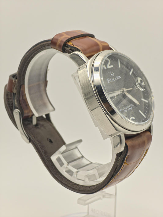 Bulova BVV401 Automatic Watch Black Dial Date 10ATM Leather Strap Men - 260