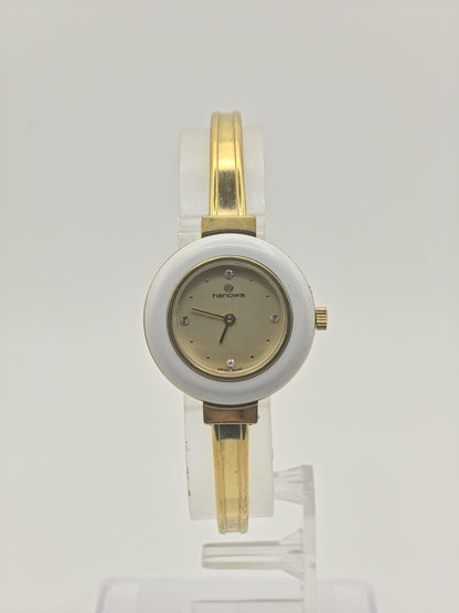 Hanowa Swiss Quartz Watch Gold Tone White Ceramic Bezel Women | - 295