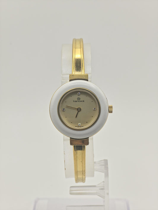 Hanowa Swiss Quartz Watch Gold Tone White Ceramic Bezel Women | - 295