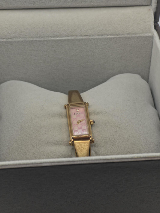 Gucci 1500L Women Gold Plated Slim Bracelet Quartz Watch Pink Dial Box | - 299