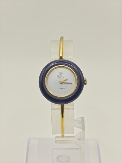 Gucci Italy Blue Bezel Bangle Women Vintage Quartz Watch Minimalist Design |-314
