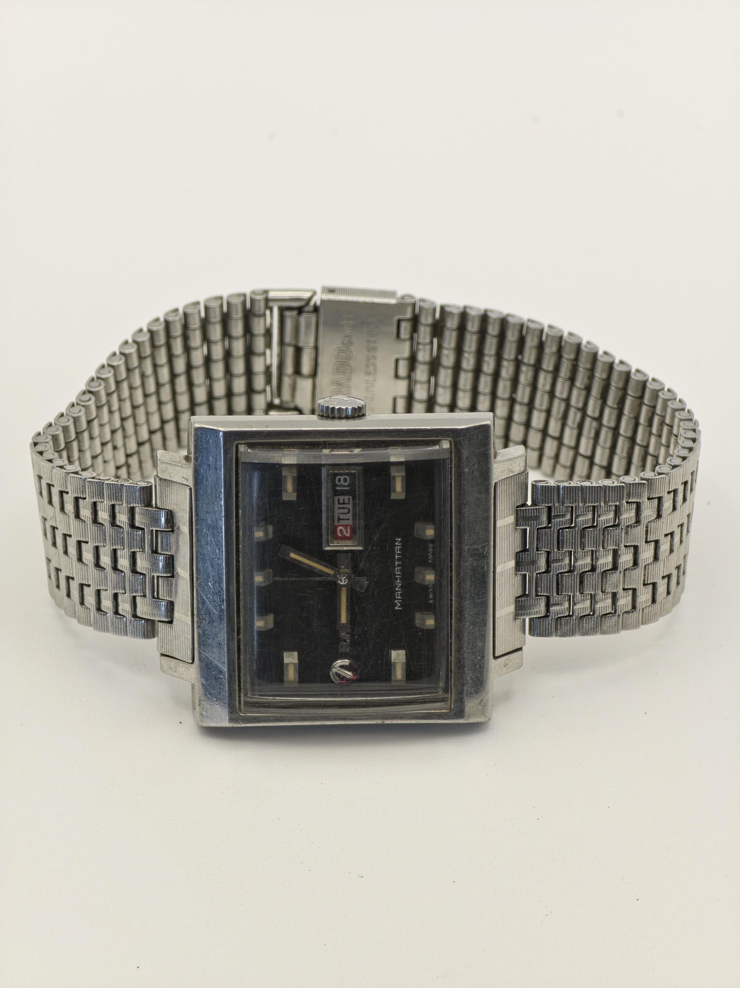 Vintage Rado Manhattan Men’s Automatic Watch Day Date Square TV Dial Swiss Made - 330