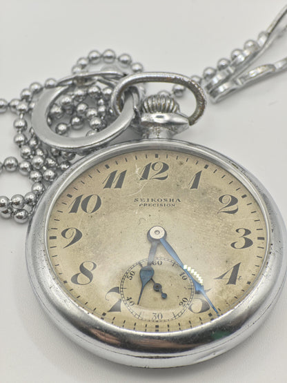 Vintage Seikosha Precision Pocket Watch Mechanical Open Face Japan Antique Timepiece Chain Included - 347