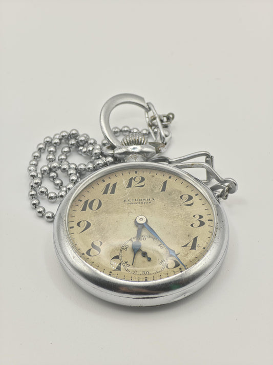 Vintage Seikosha Precision Pocket Watch Mechanical Open Face Japan Antique Timepiece Chain Included - 347