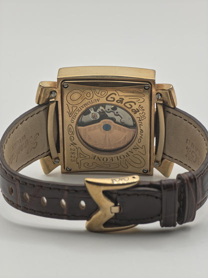 Vintage GaGa Milano Manuale Men's Watch Brown Dial Gold Tone Case Leather Strap Italy - 349
