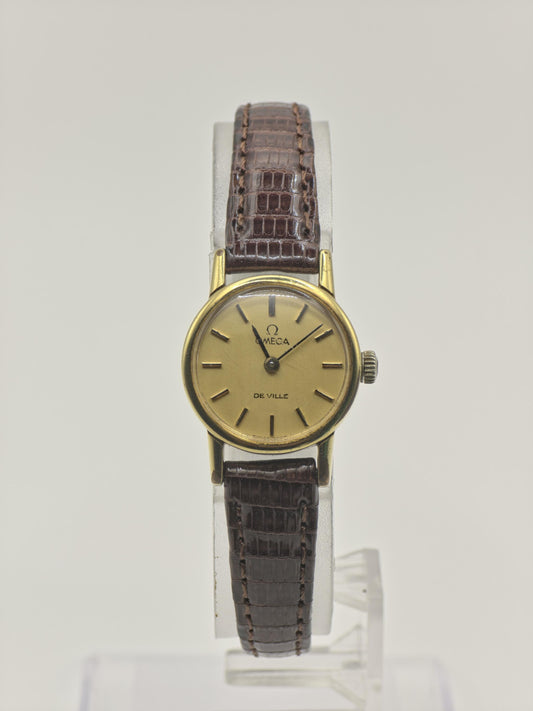 Vintage Omega De Ville Women's Gold Tone Dress Watch Manual Wind Leather Strap - 343