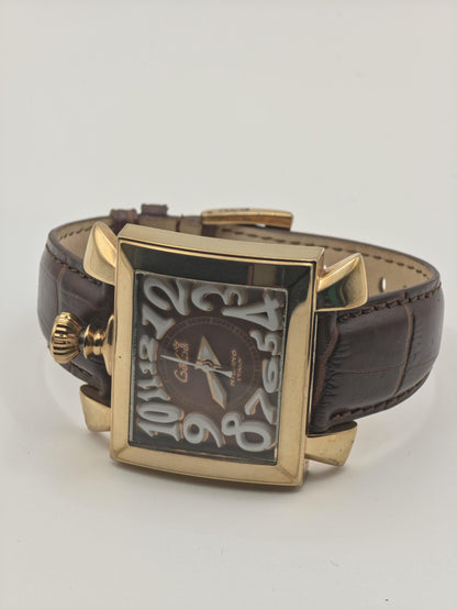 Vintage GaGa Milano Manuale Men's Watch Brown Dial Gold Tone Case Leather Strap Italy - 349