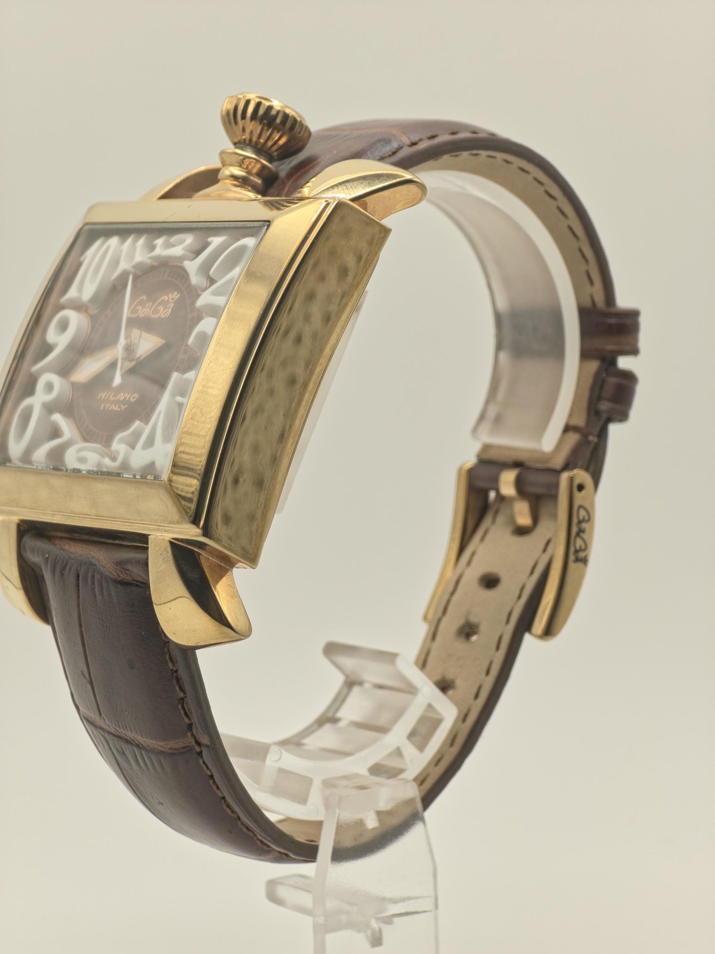 Vintage GaGa Milano Manuale Men's Watch Brown Dial Gold Tone Case Leather Strap Italy - 349