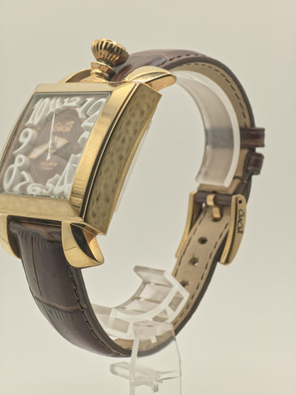 Vintage GaGa Milano Manuale Men's Watch Brown Dial Gold Tone Case Leather Strap Italy - 349