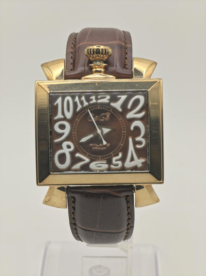 Vintage GaGa Milano Manuale Men's Watch Brown Dial Gold Tone Case Leather Strap Italy - 349