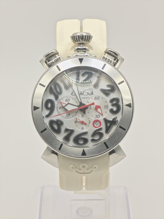 GaGa Milano MM48 Chronograph Men's Watch White Dial 48mm Oversized Case Quartz Date Display - 350