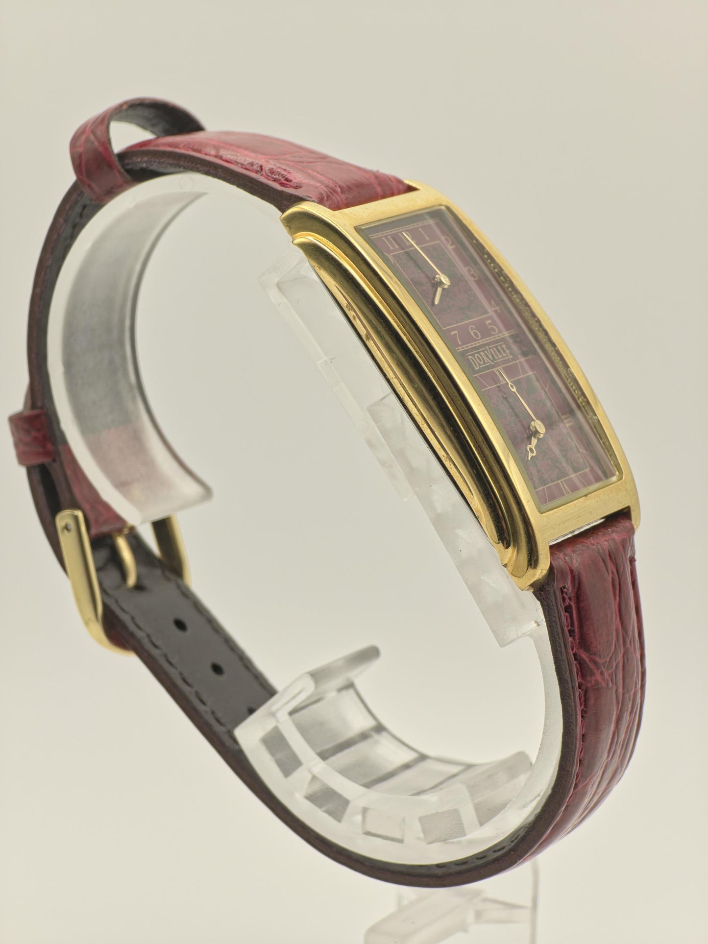 Vintage Dorville Dual Time Women's Unisex Watch Burgundy Dial Gold Tone Quartz Burgundy Strap - 364