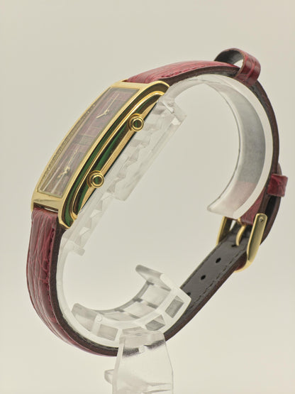 Vintage Dorville Dual Time Women's Unisex Watch Burgundy Dial Gold Tone Quartz Burgundy Strap - 364