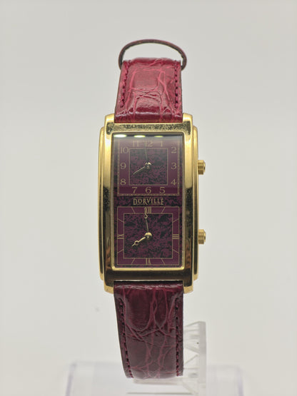 Vintage Dorville Dual Time Women's Unisex Watch Burgundy Dial Gold Tone Quartz Burgundy Strap - 364