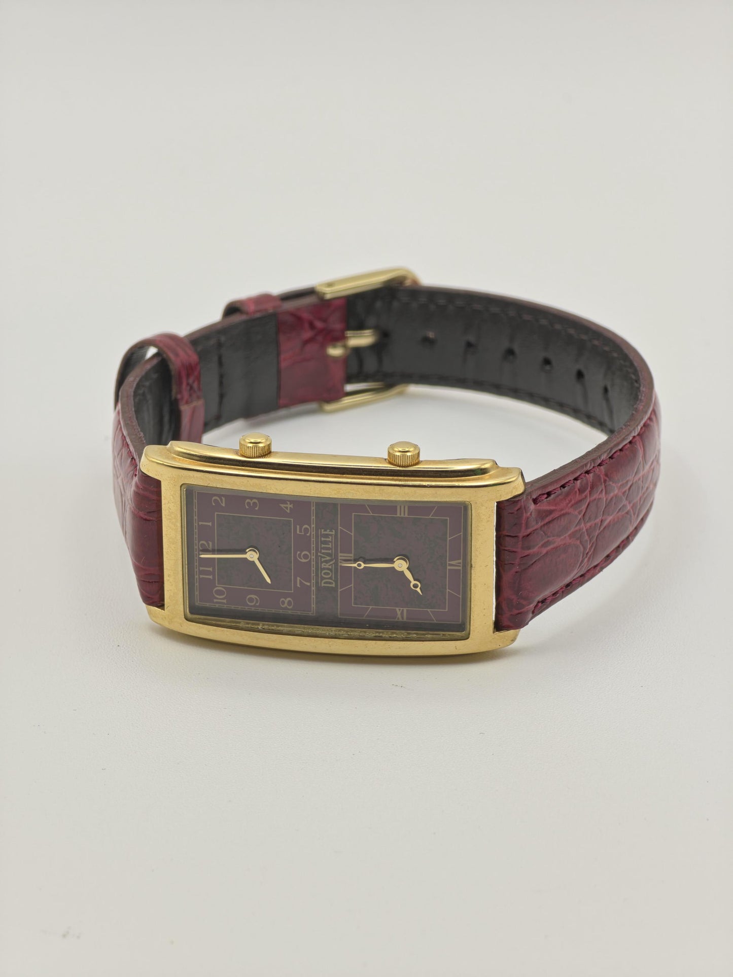 Vintage Dorville Dual Time Women's Unisex Watch Burgundy Dial Gold Tone Quartz Burgundy Strap - 364