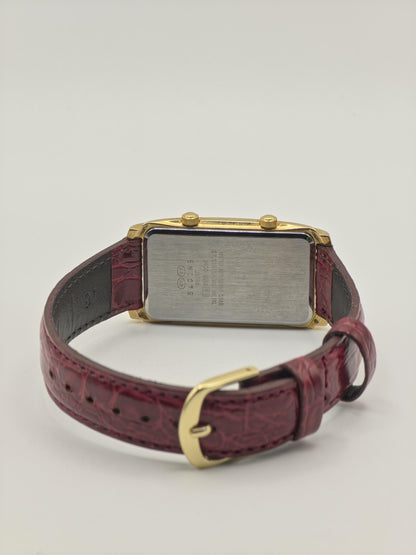 Vintage Dorville Dual Time Women's Unisex Watch Burgundy Dial Gold Tone Quartz Burgundy Strap - 364