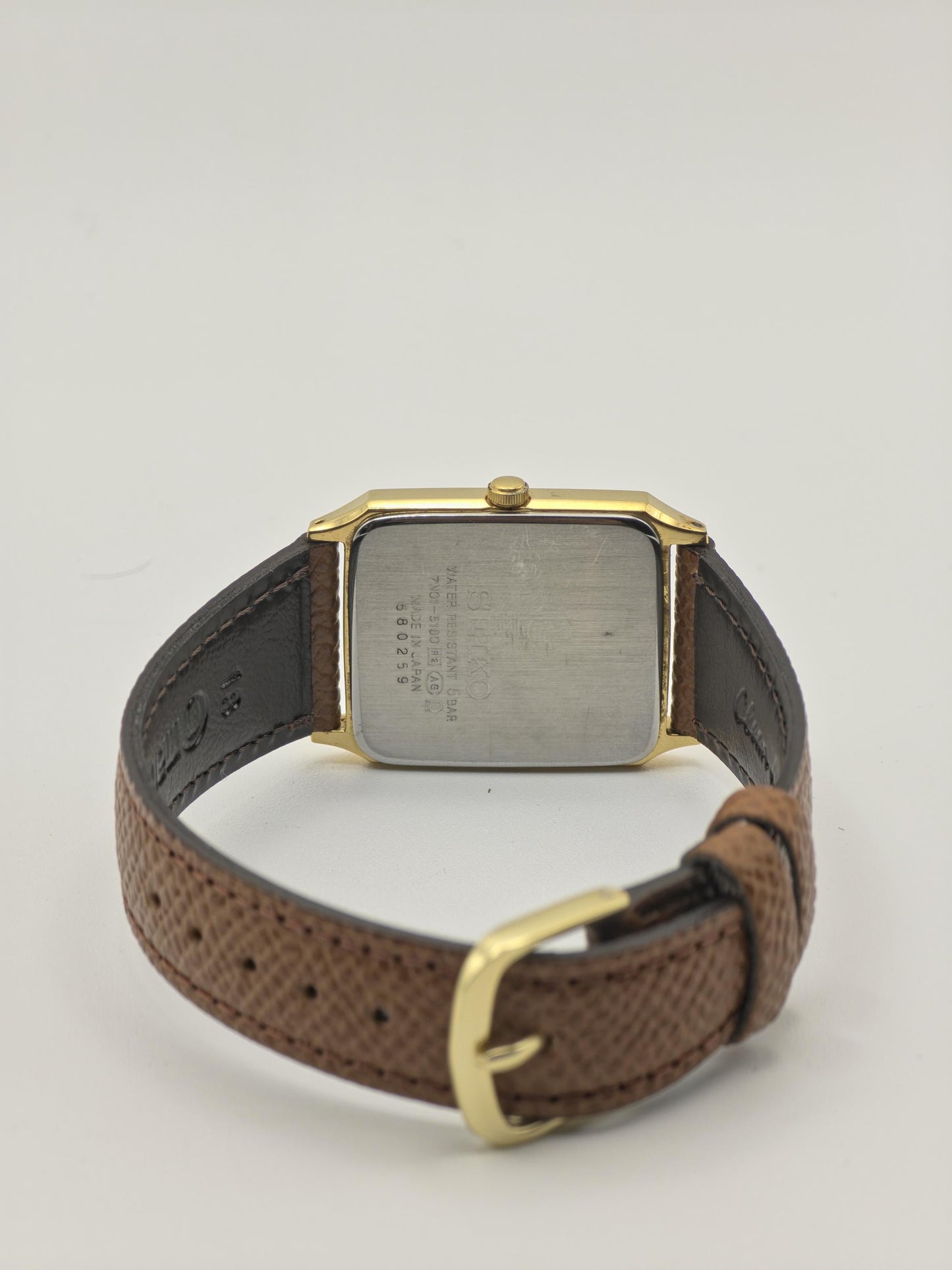 Vintage Seiko Square Dress Men's Quartz Watch Gold Tone Dial Leather Strap - 377