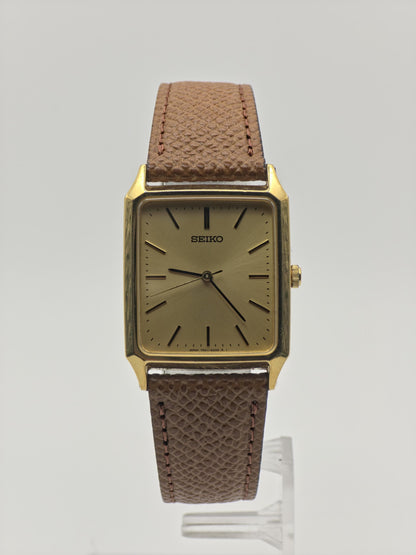 Vintage Seiko Square Dress Men's Quartz Watch Gold Tone Dial Leather Strap - 377