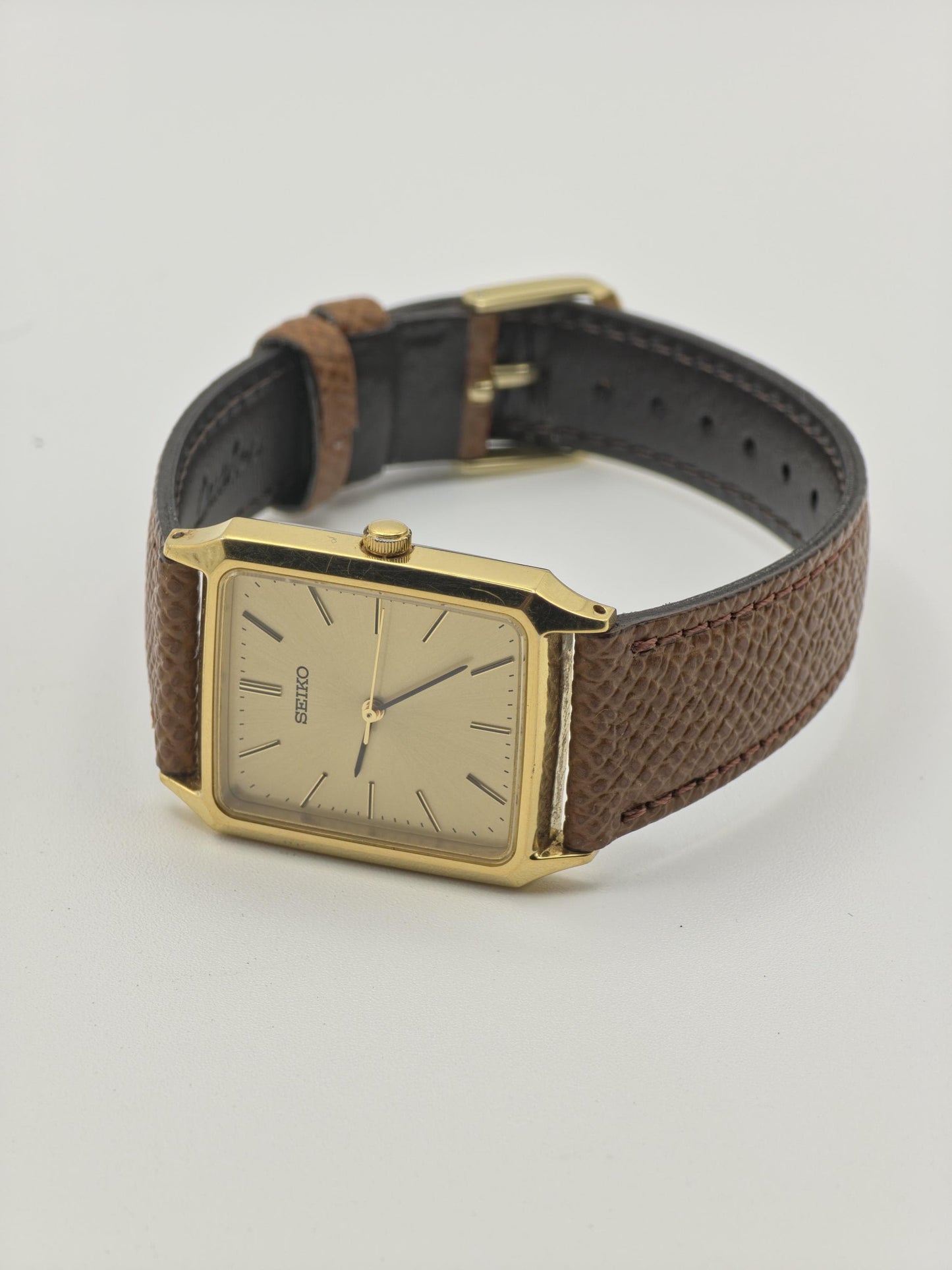 Vintage Seiko Square Dress Men's Quartz Watch Gold Tone Dial Leather Strap - 377
