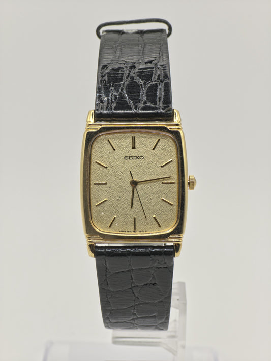 Vintage Seiko Quartz Gold Textured Dial Rectangular Dress Watch Unisex - 394