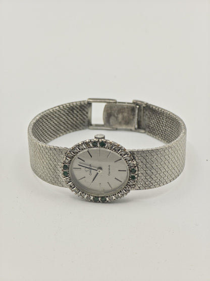 Vintage Omega Genève Women's Silver Dial Emerald Accent Dress Watch Bracelet - 421