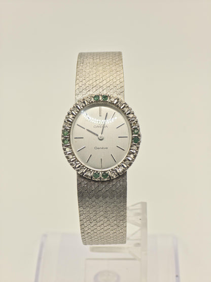 Vintage Omega Genève Women's Silver Dial Emerald Accent Dress Watch Bracelet - 421