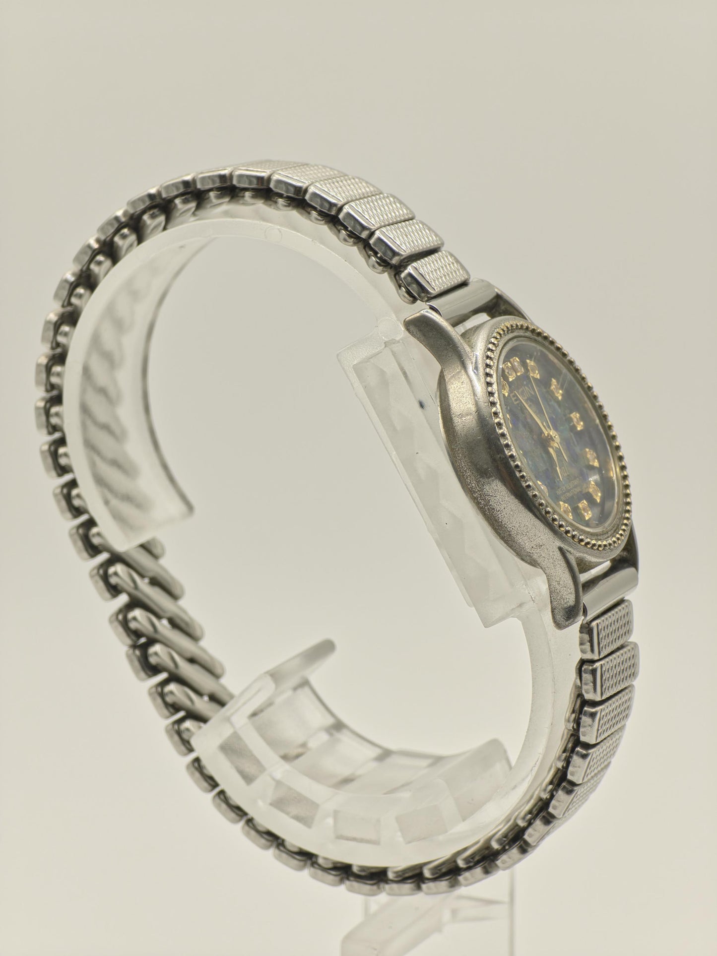Vintage Elgin Deluxe Opal Women's Quartz 30M Dress Watch Blue Mosaic Dial - 432