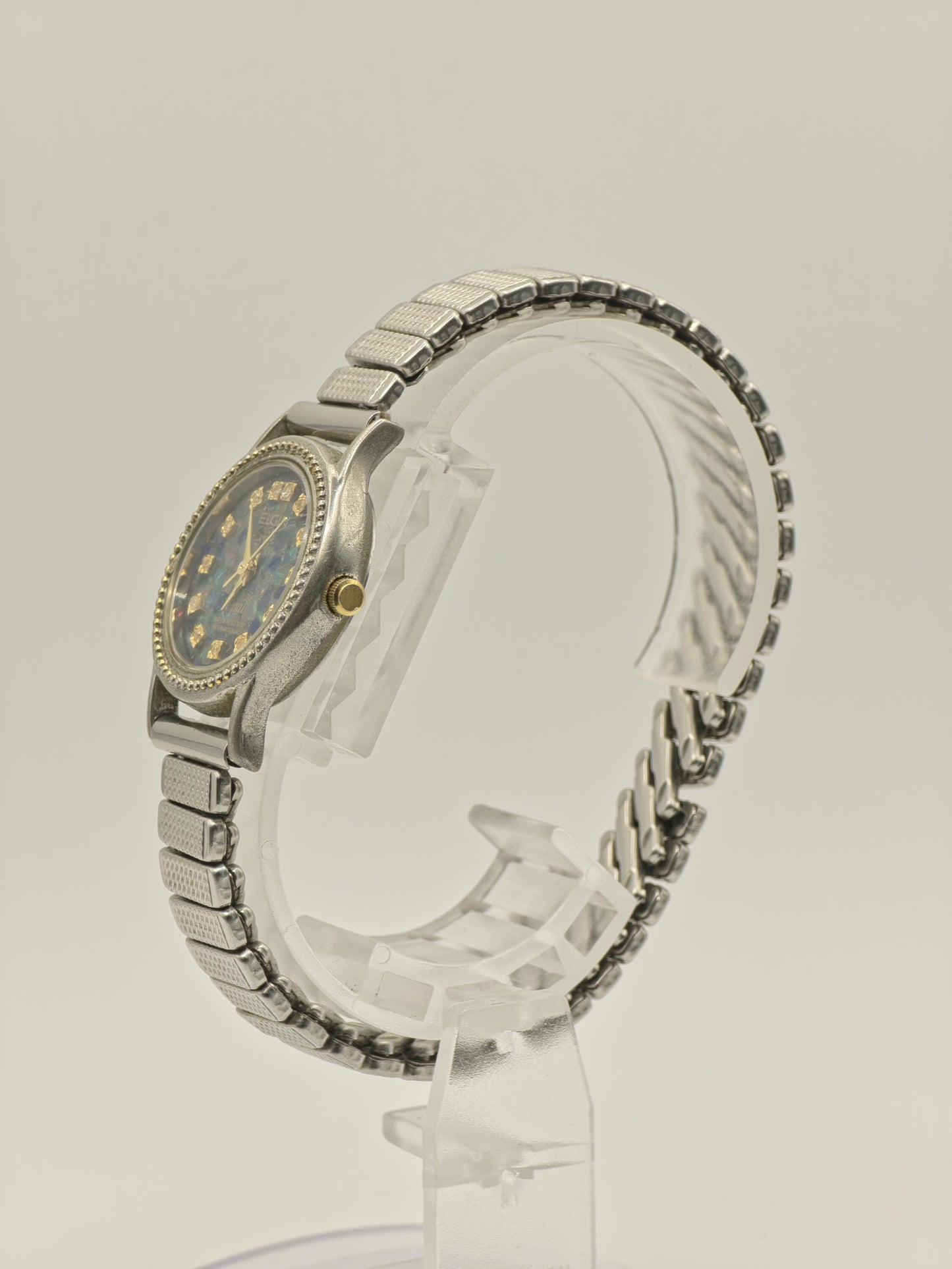 Vintage Elgin Deluxe Opal Women's Quartz 30M Dress Watch Blue Mosaic Dial - 432