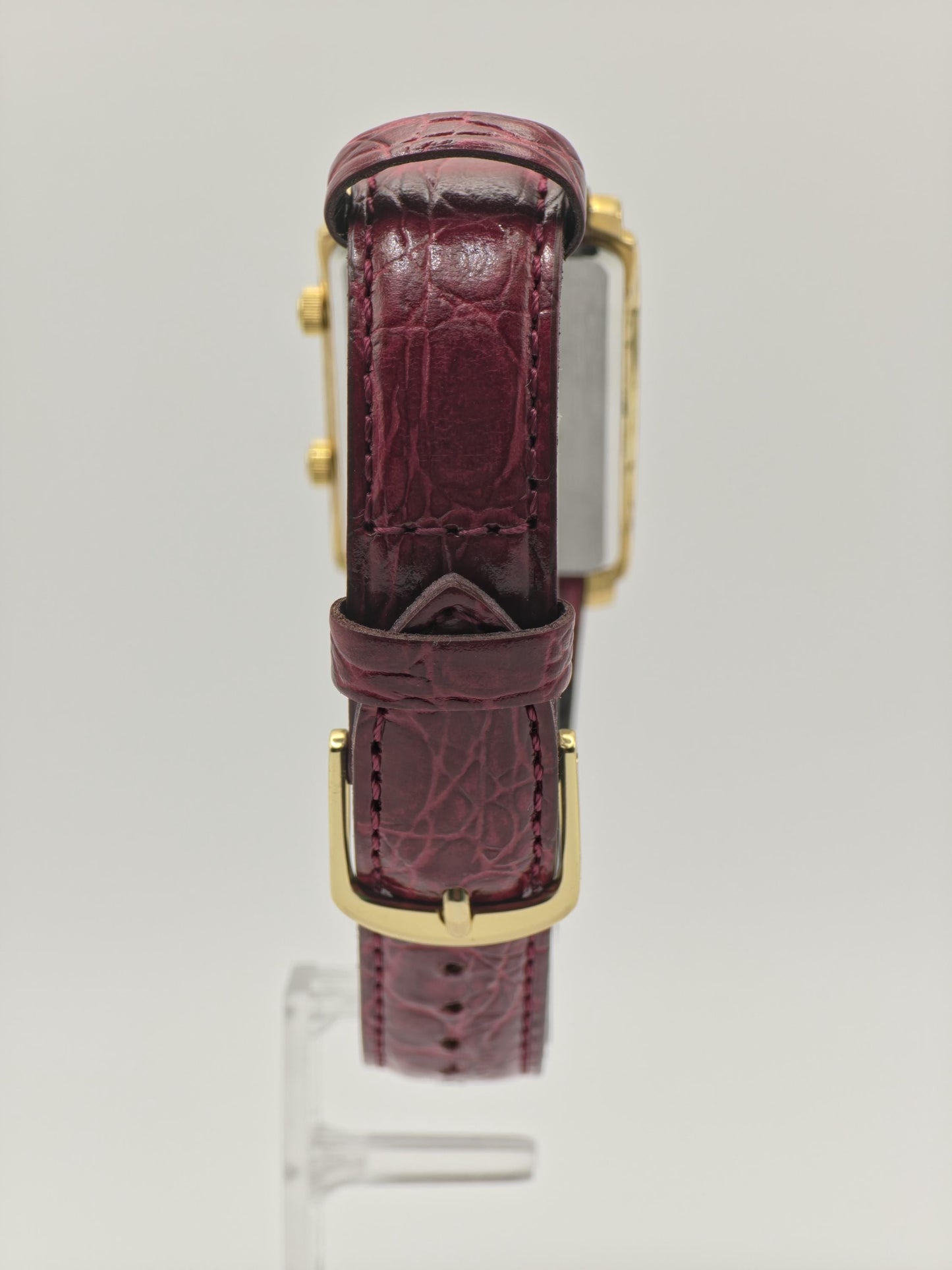 Vintage Dorville Dual Time Women's Unisex Watch Burgundy Dial Gold Tone Quartz Burgundy Strap - 364