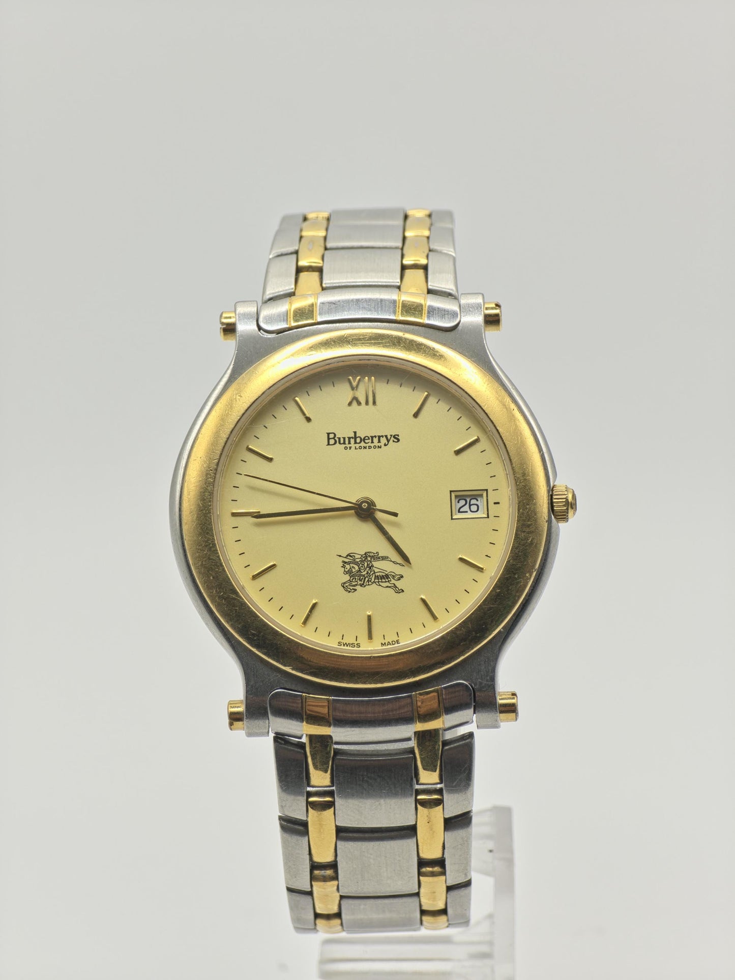 Vintage Burberrys of London Quartz Men's Watch Gold Dial Two-Tone Bracelet Swiss - 369