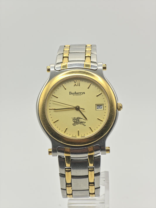 Vintage Burberrys of London Quartz Men's Watch Gold Dial Two-Tone Bracelet Swiss - 369