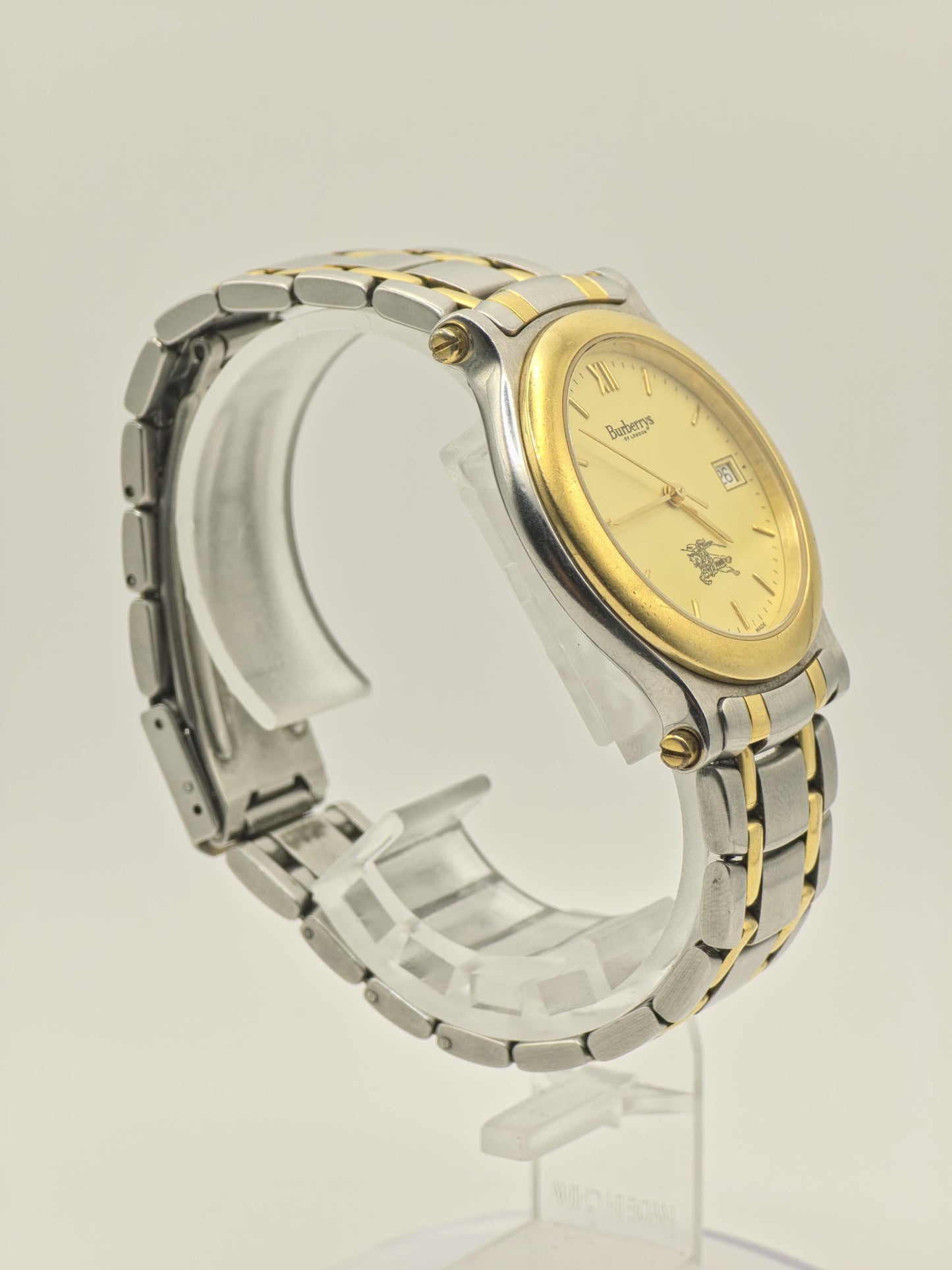 Vintage Burberrys of London Quartz Men's Watch Gold Dial Two-Tone Bracelet Swiss - 369