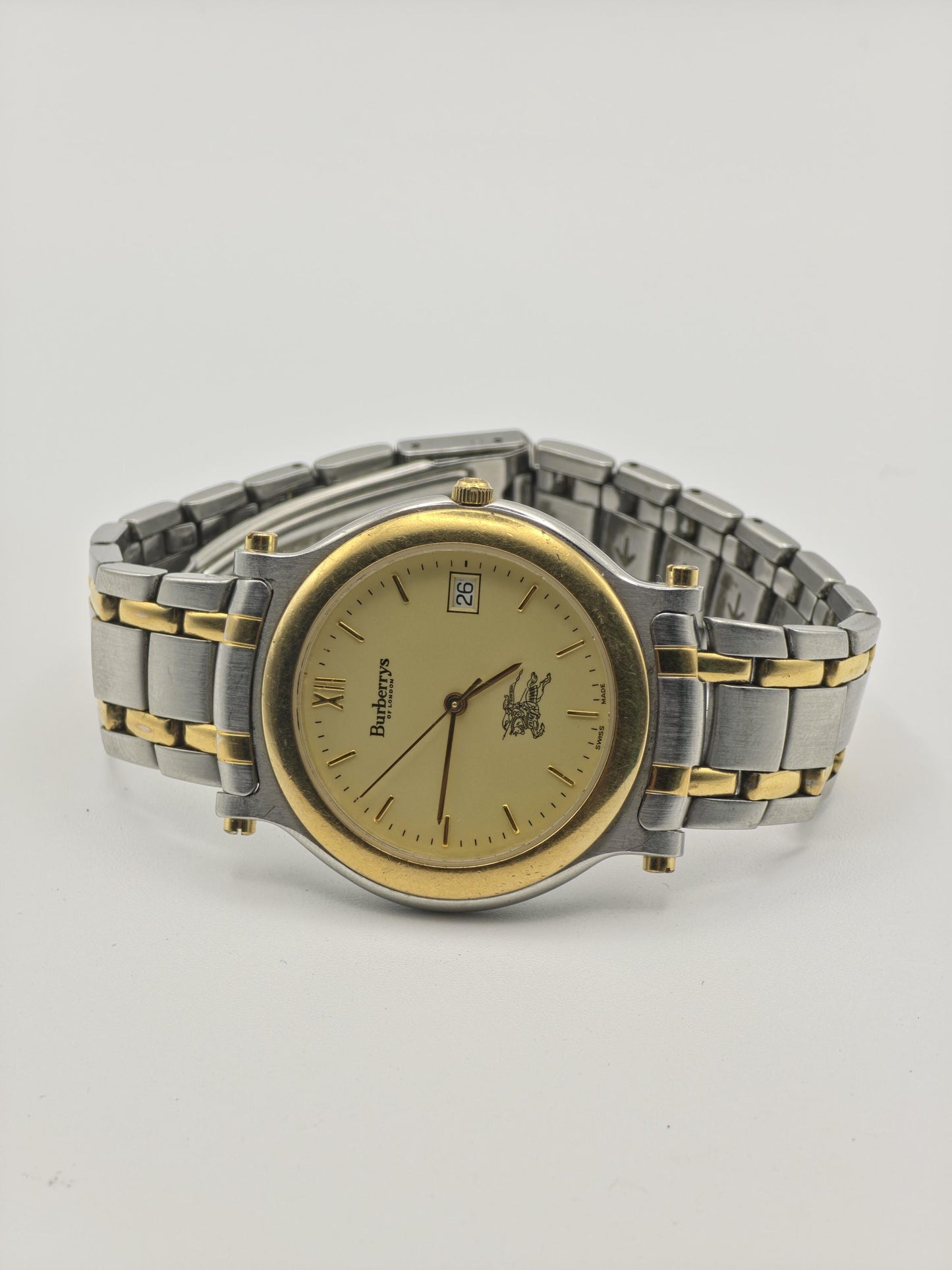 Vintage Burberrys of London Quartz Men's Watch Gold Dial Two-Tone Bracelet Swiss - 369