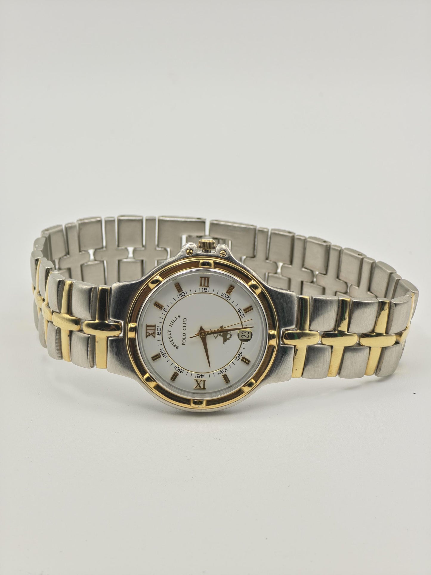Vintage Beverly Hills Polo Club Quartz Men's Watch White Dial Two-Tone - 370