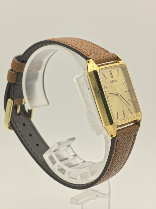 Vintage Seiko Square Dress Men's Quartz Watch Gold Tone Dial Leather Strap - 377