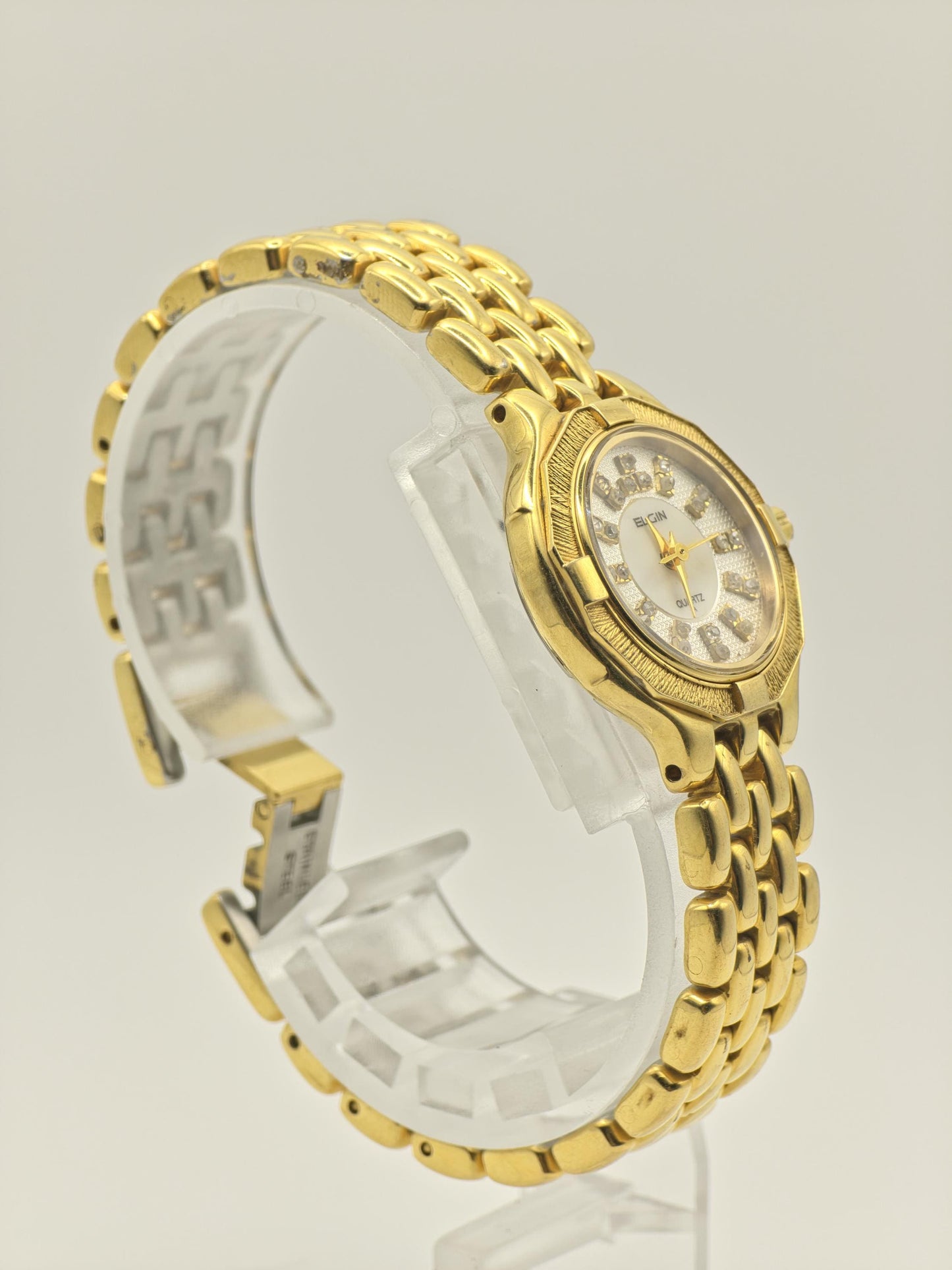 Vintage Elgin Quartz Women's Gold Tone Bracelet Watch Crystal Hour Markers- 378