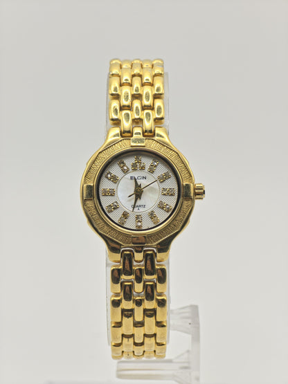 Vintage Elgin Quartz Women's Gold Tone Bracelet Watch Crystal Hour Markers- 378
