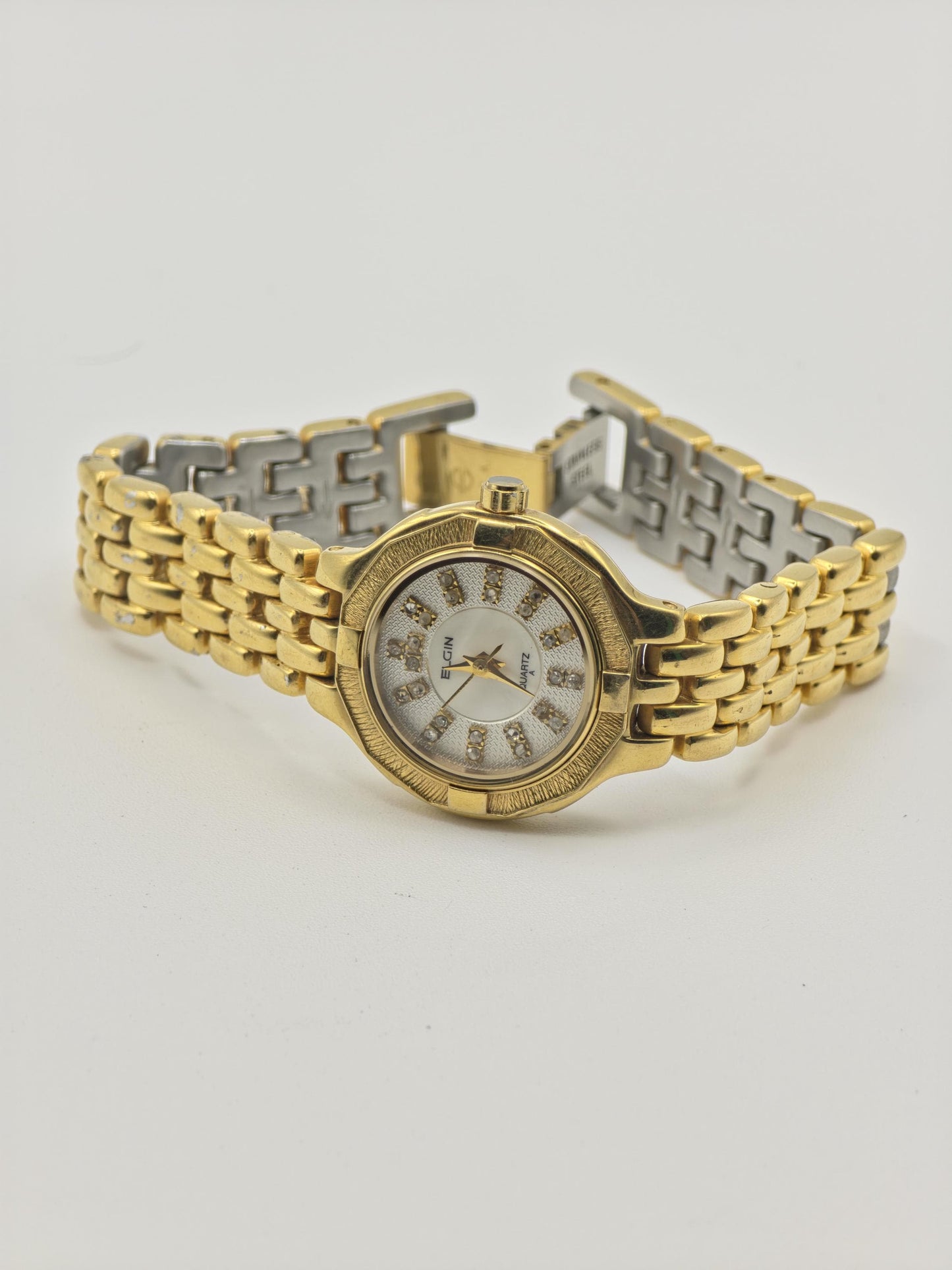 Vintage Elgin Quartz Women's Gold Tone Bracelet Watch Crystal Hour Markers- 378