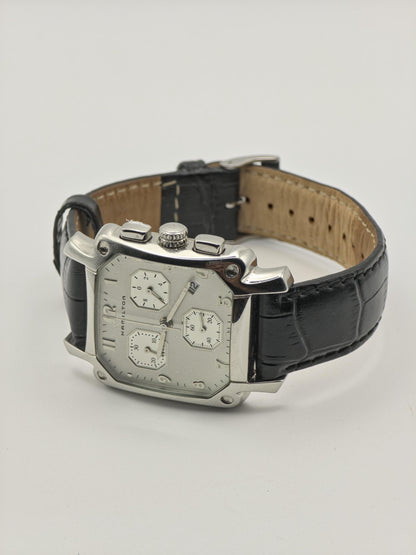 Vintage Hamilton Men's Chronograph Quartz Silver Dial Rectangular Swiss - 386
